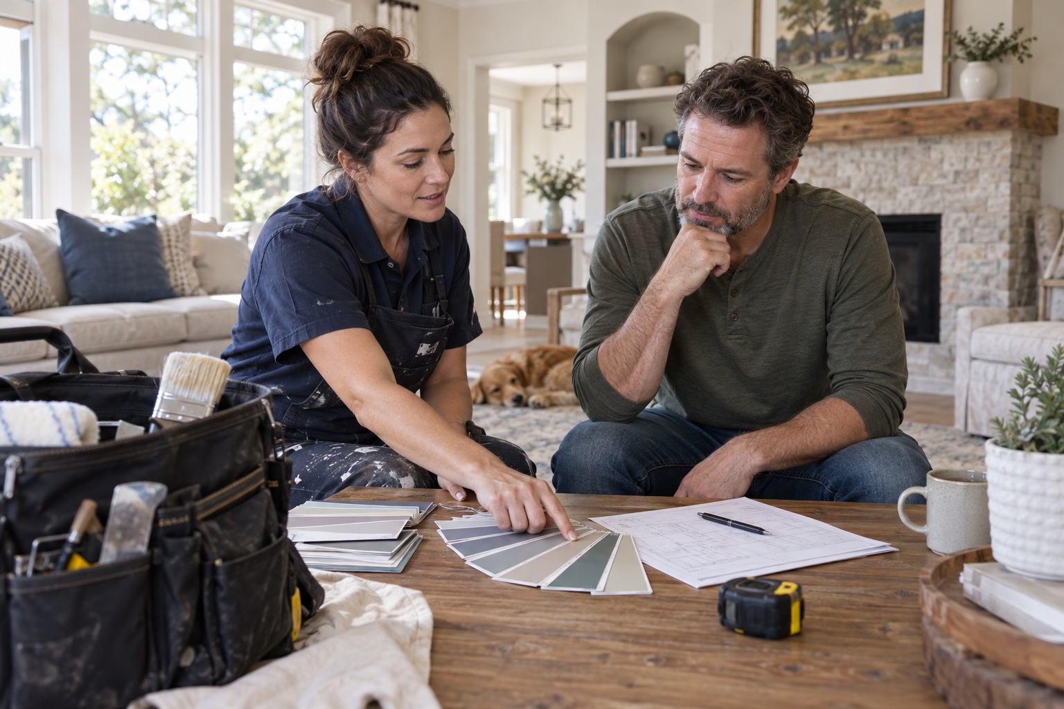 A small business contractor and homeowner reviewing paint samples and a project estimate