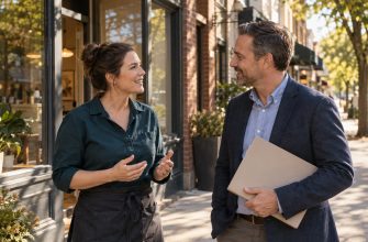 Small business owner meeting a prospective customer outside a neighborhood studio in the USA