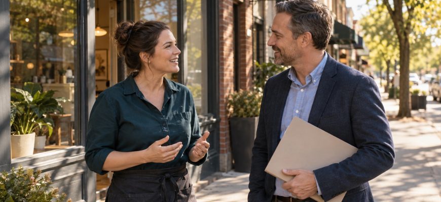 Small business owner meeting a prospective customer outside a neighborhood studio in the USA