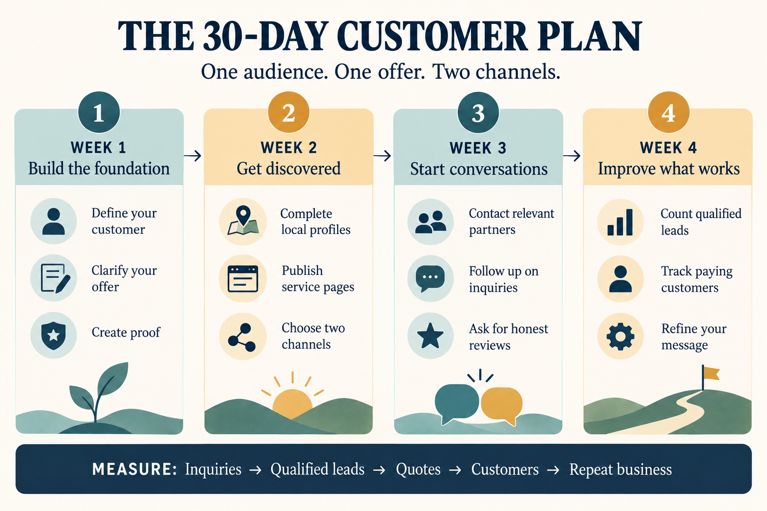 Four-week customer acquisition plan: build the foundation, get discovered, start conversations, and improve what works