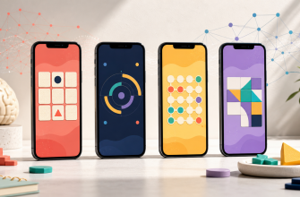 Vier Smartphones mit abstrakten Übungen für Gedächtnis, Konzentration, Logik und Sprache im Gehirntraining-App-Vergleich 2026