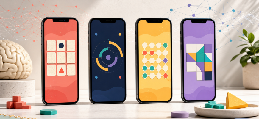 Vier Smartphones mit abstrakten Übungen für Gedächtnis, Konzentration, Logik und Sprache im Gehirntraining-App-Vergleich 2026