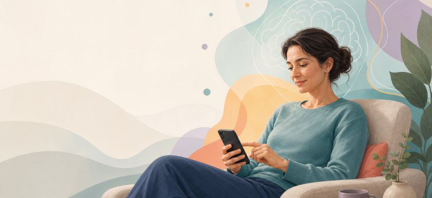 Frau nutzt BrainApps ruhig auf dem Smartphone bei Fatigue nach Covid