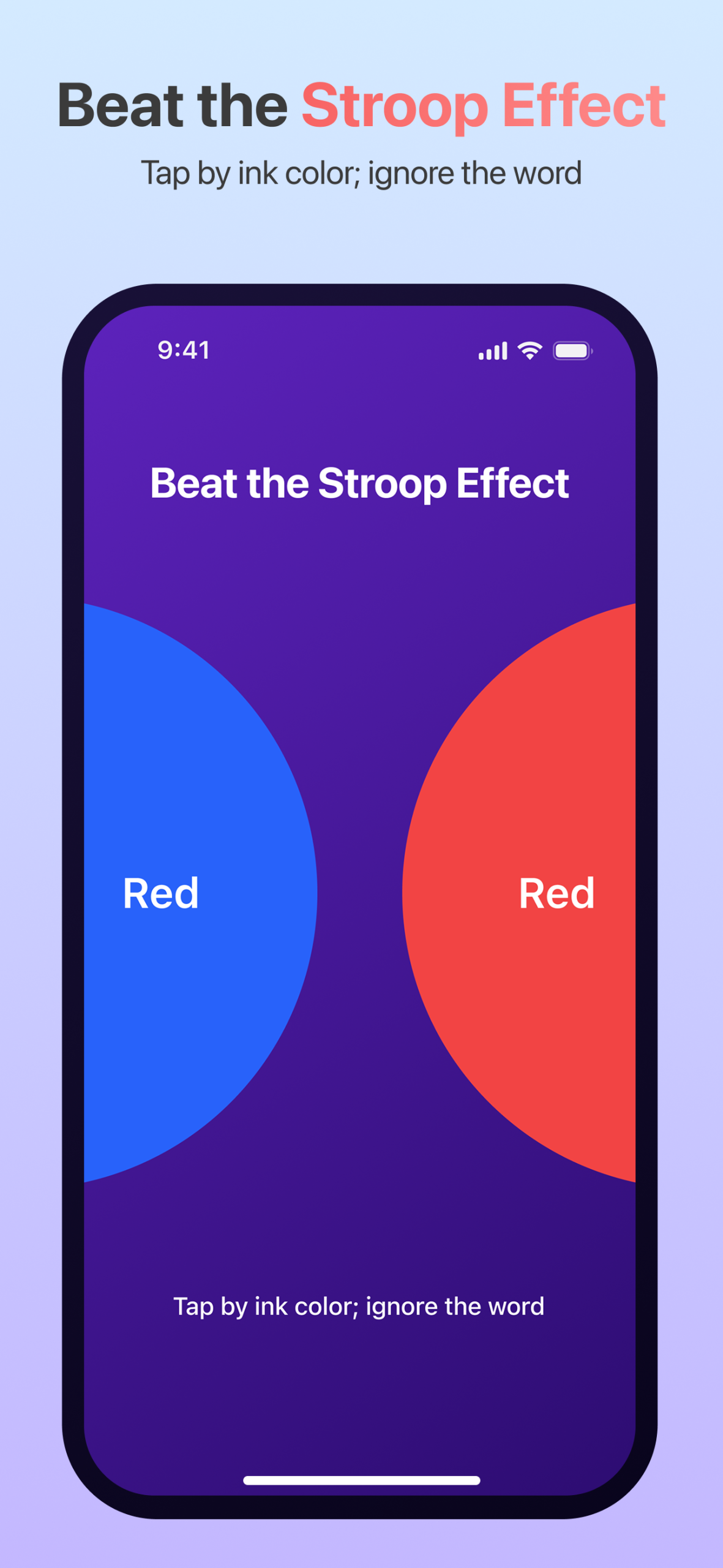 BrainApps-Spiel Beat the Stroop Effect mit widersprüchlichen Farb- und Wortreizen