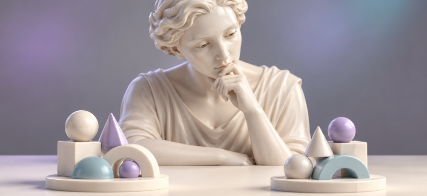 IQ-Test-Ergebnis verstehen: Porzellanfigur betrachtet zwei unterschiedliche geometrische Anordnungen
